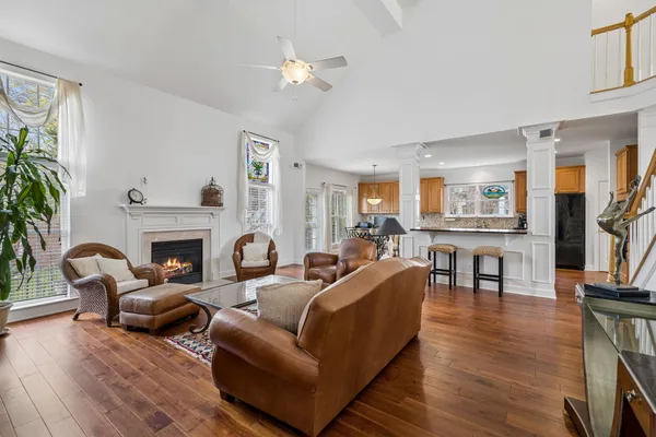 a living room with furniture couches and a fireplace