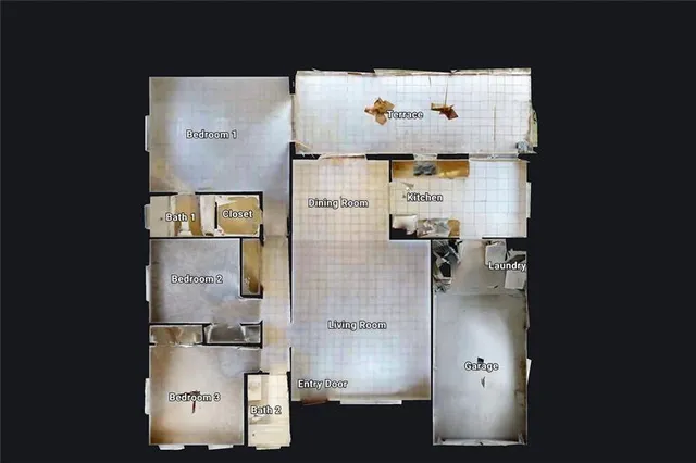 an aerial view of residential houses with outdoor space