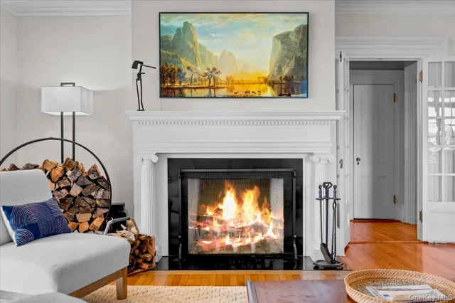 a living room with a couch a fireplace and a flat screen tv