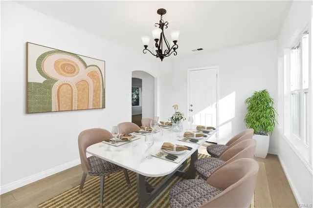 a view of a dining room with furniture