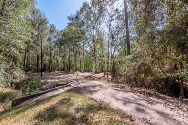 a view of a yard with trees in the background