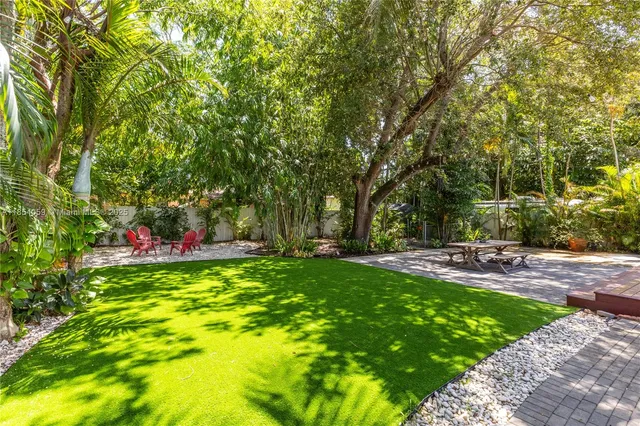 a backyard of a house with table and chairs