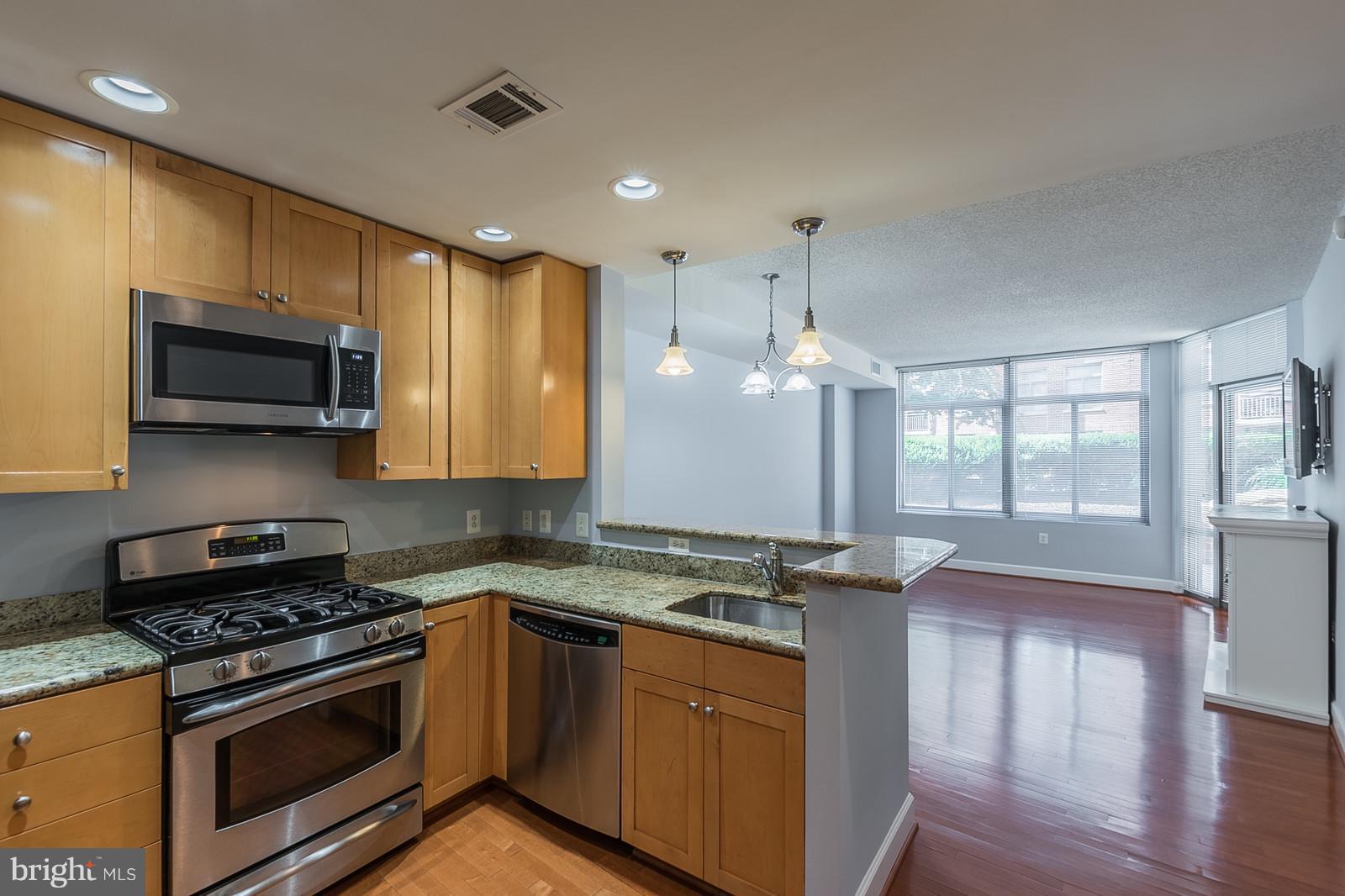 3600 South Glebe Road, Unit 227W Arlington, VA 22202 - Photo 3 of 29 a kitchen with stainless steel appliances granite countertop a stove a sink and a microwave