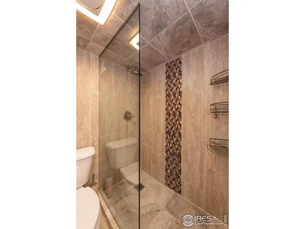 a bathroom with a shower and a toilet