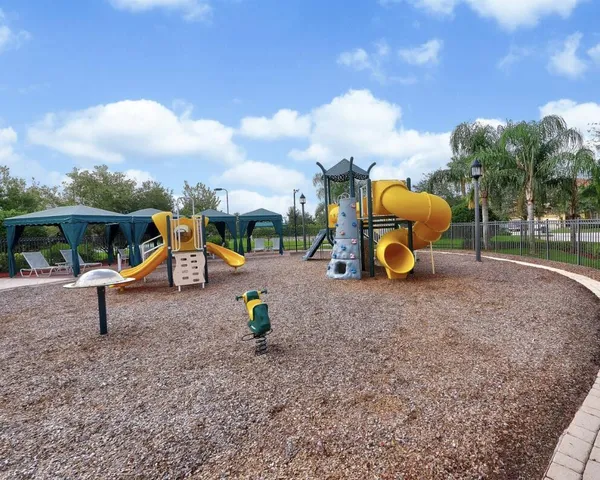 a view of a park with large trees