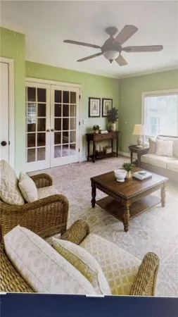 a living room with furniture and a table