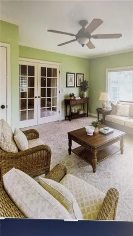 a living room with furniture and a table