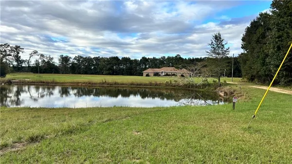 a view of a lake with houses in the back