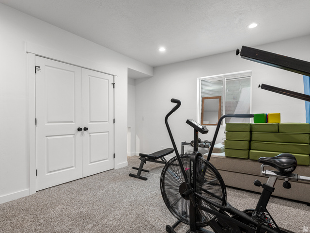 627 South Meade Street Mapleton, UT 84664 - Photo 31 of 48 White paneled double doors with black hardware, recessed ceiling lighting, and light grey carpet