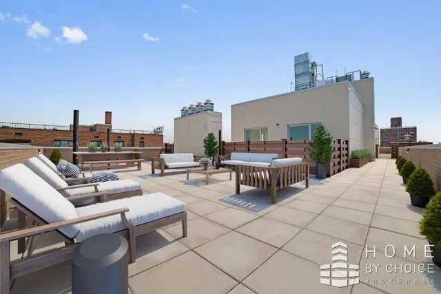 a roof deck with couches and potted plants