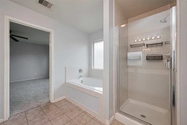 a bathroom with a bathtub and a shower
