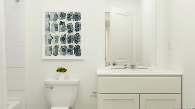 a bathroom with a sink mirror and toilet