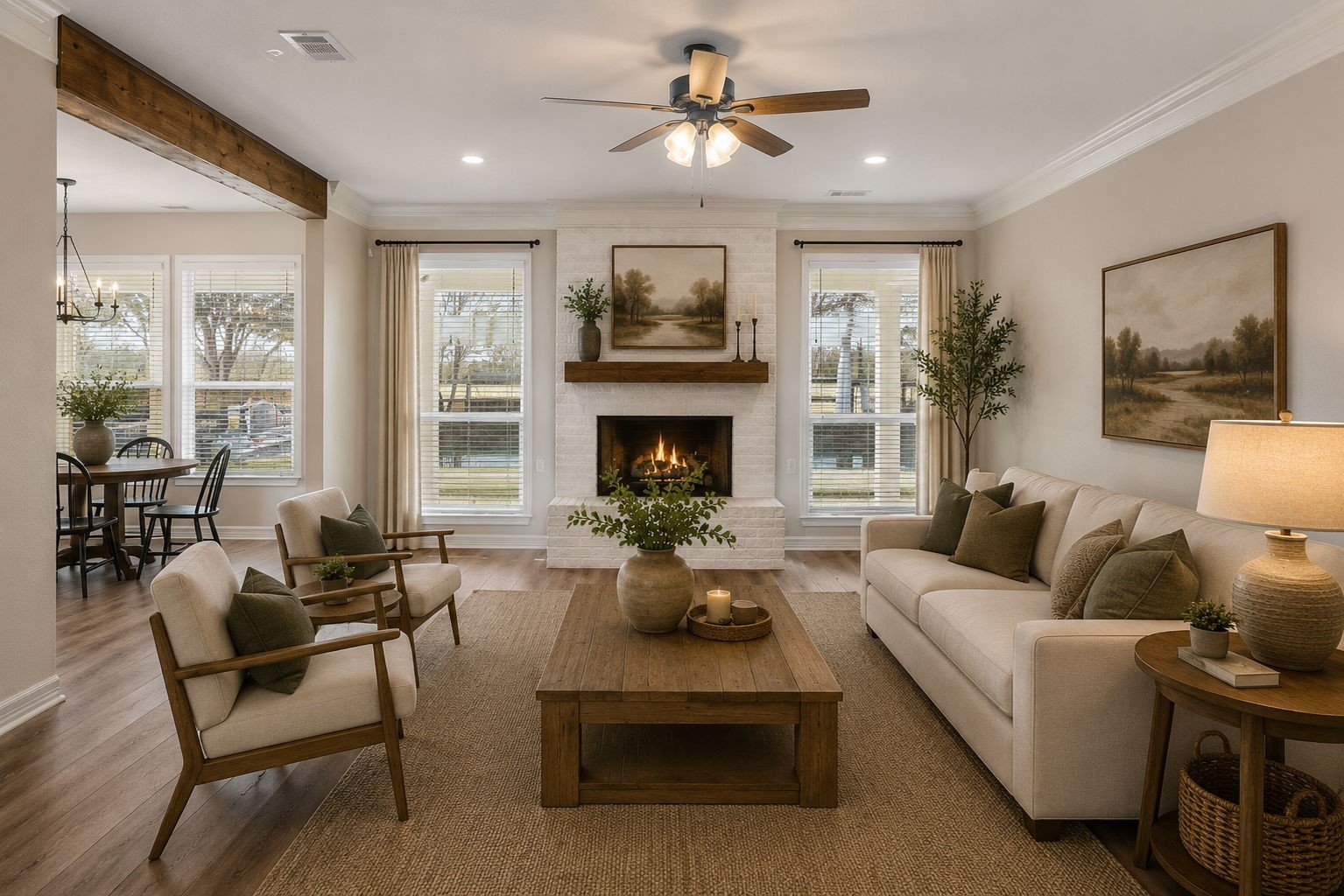 2730 Lawrence Road Kemah, TX 77565 - Photo 12 of 46 Spacious living room virtually staged to highlight the comfort, scale, and functionality of the space. Designed with a warm luxury aesthetic, the room showcases multiple seating areas, elevated finishes, and an inviting atmosphere ideal for entertaining or everyday living. Large windows and open sightlines enhance the natural light and connection to the surrounding estate setting.