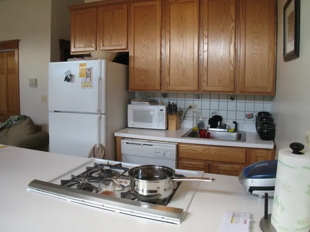 a kitchen with a refrigerator a stove a sink and cabinets
