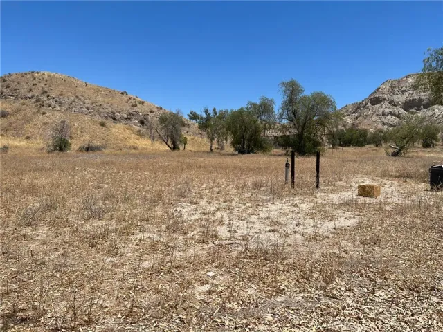 a view of a dry yard with mountain view