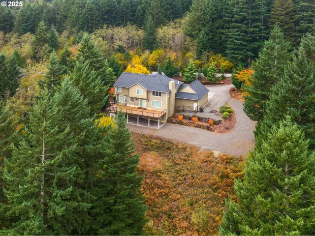 an aerial view of a house with a yard
