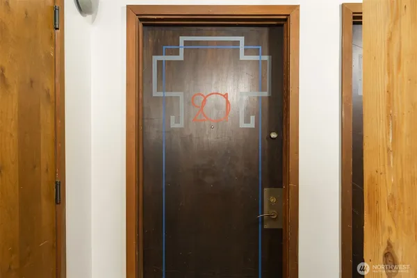 a bathroom with a glass door