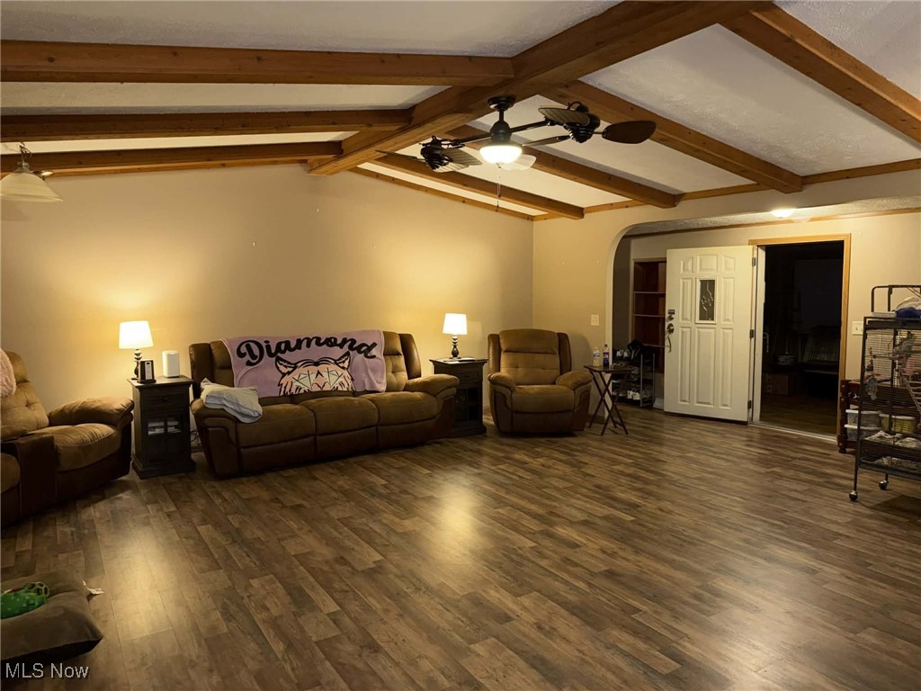 56 3rd Street Rayland, OH 43943 - Photo 34 of 46 Living area featuring dark wood-type flooring, arched walkways, and ceiling fan