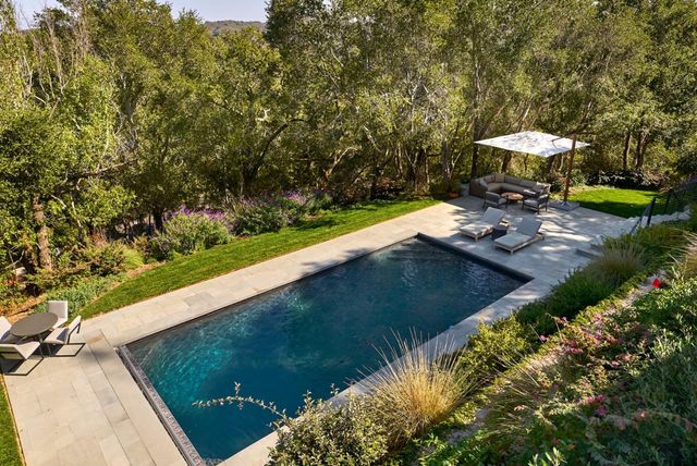a view of a backyard with plants and a lake view