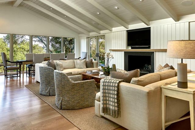 a living room with fireplace furniture and a flat screen tv