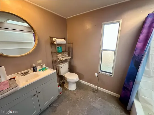 a bathroom with a sink mirror and toilet