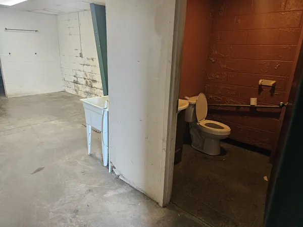 a bathroom with a toilet and a shower