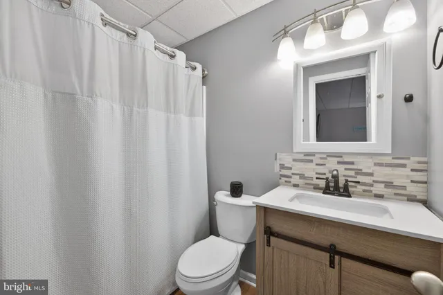 a bathroom with a sink a toilet a mirror and shower curtain