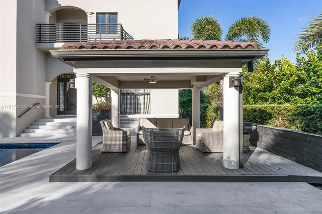 a view of outdoor space with seating and trees