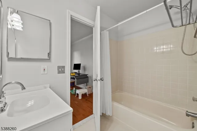 a bathroom with a sink a mirror and a shower