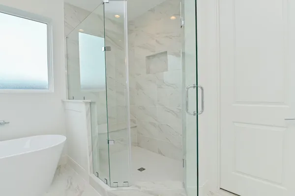 a bathroom with a shower and a bathtub