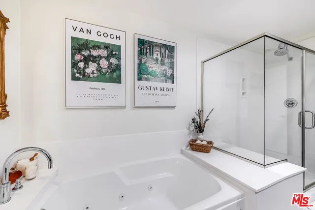 a bathroom with a bathtub and a shower