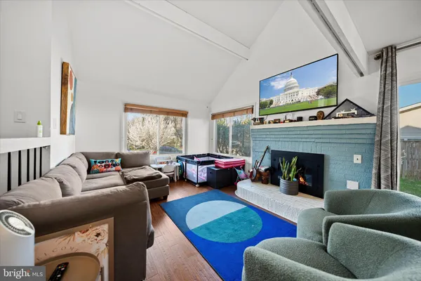 a living room with furniture or couch and a fireplace