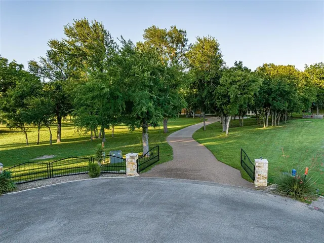 a view of a park with large trees
