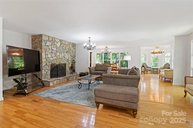 a living room with fireplace