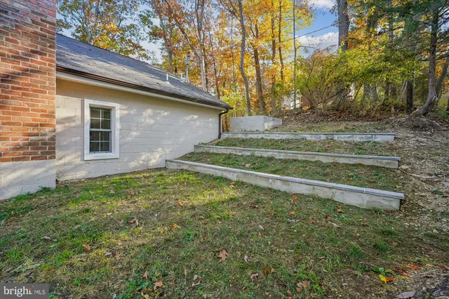 a backyard of a house with large trees and barbeque oven