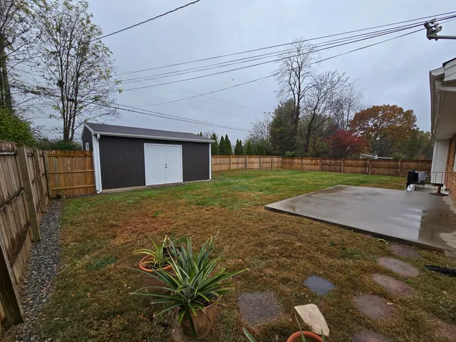 a view of a backyard with large trees