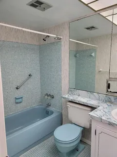 a bathroom with a granite countertop toilet a sink and a bathtub