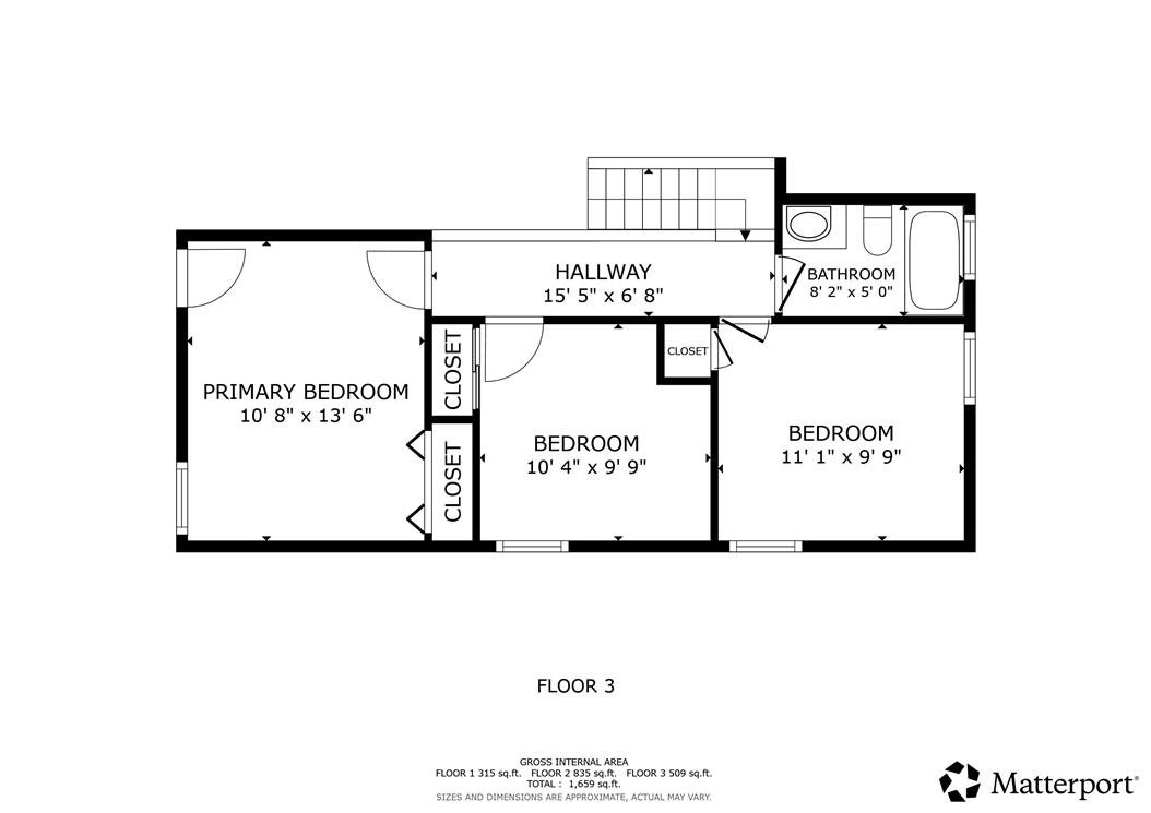 3031 Shakespeare Road Bethlehem, PA 18017 - Photo 30 of 30 Floor plan displaying the bedroom layout, hallway, bathroom, and closets of the property.