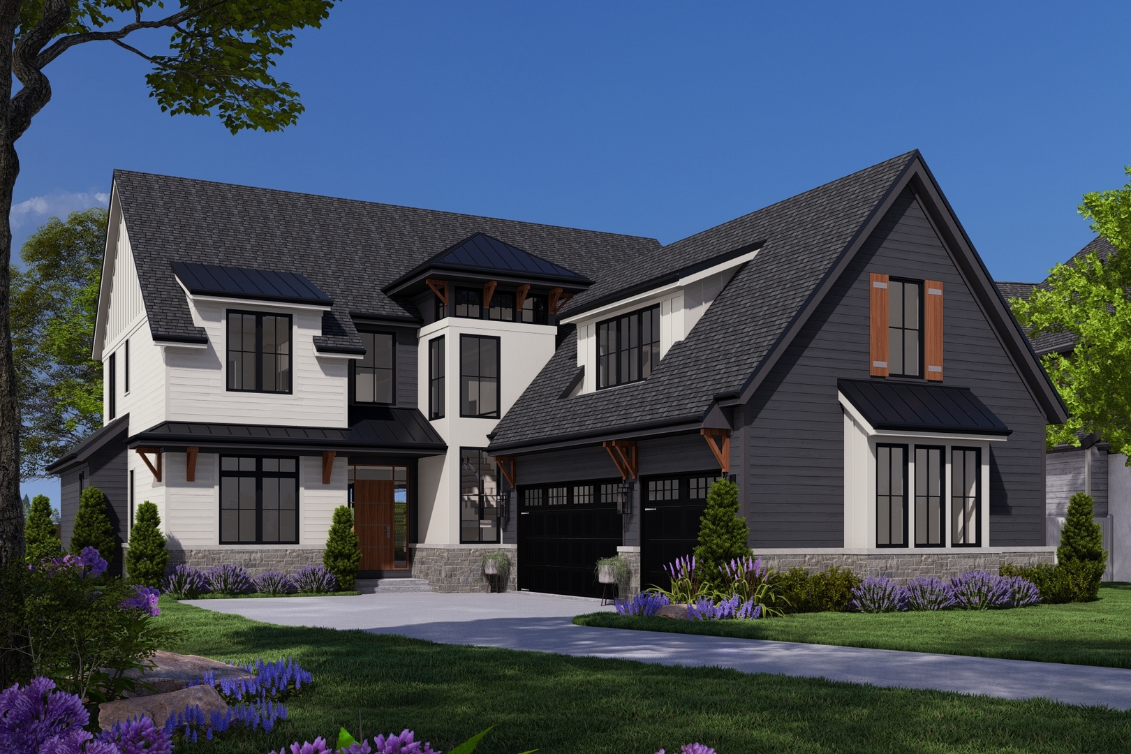 a front view of a house with a garden and plants