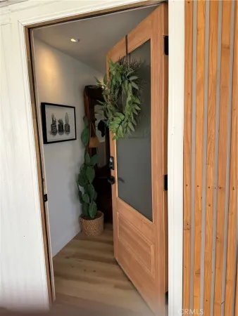a picture of a glass door with a potted plant in front of a door