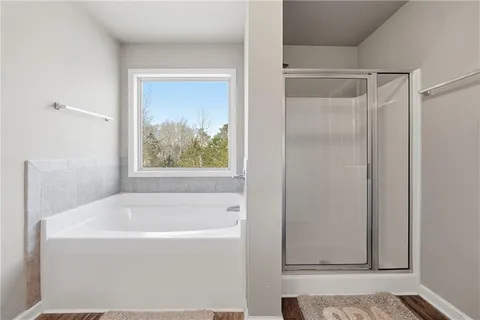 a bathroom with a bathtub and a shower