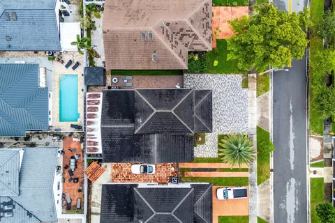 an outdoor space with furniture