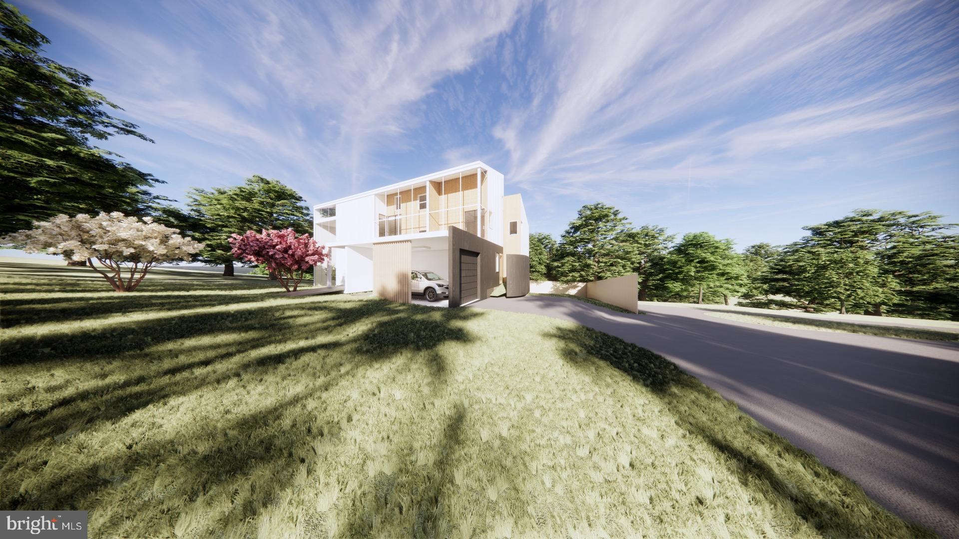 a view of a swimming pool with a yard and plants