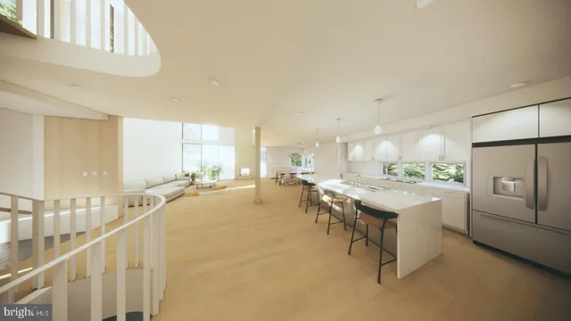 a room with a table chairs and a refrigerator