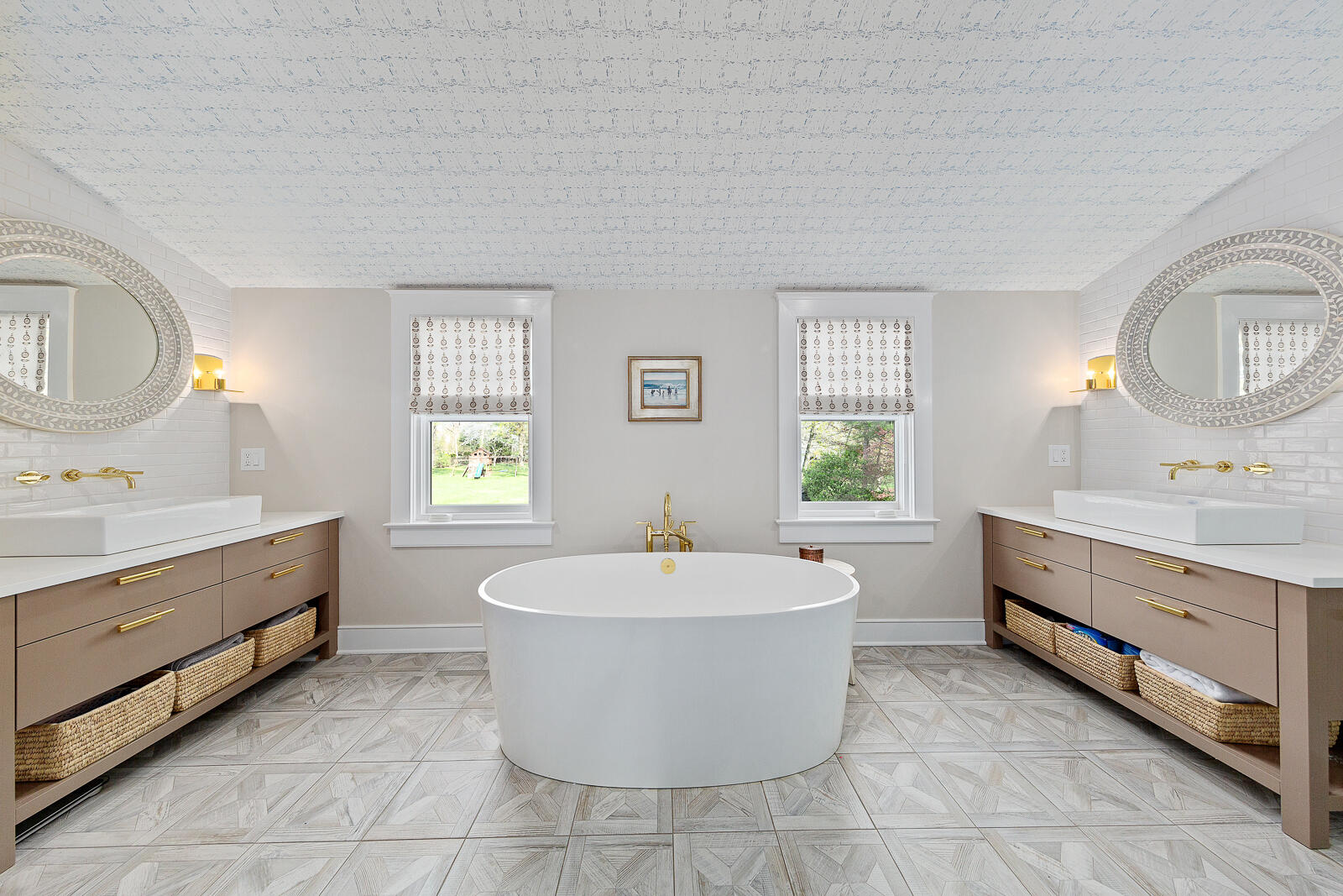 27 Searles Road Darien, CT 06820 - Photo 30 of 56 a spacious bathroom with a double vanity sink mirror and bathtub