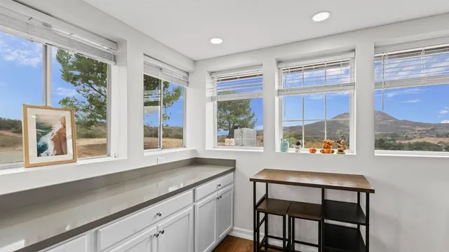 a dining room with a window