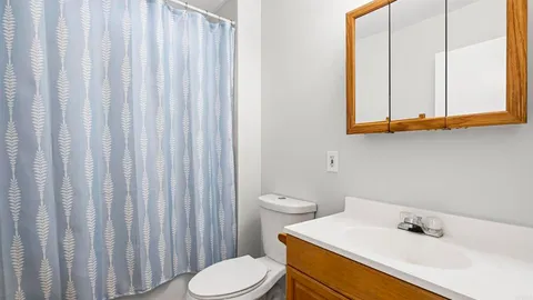 a bathroom with a sink a toilet and shower curtain