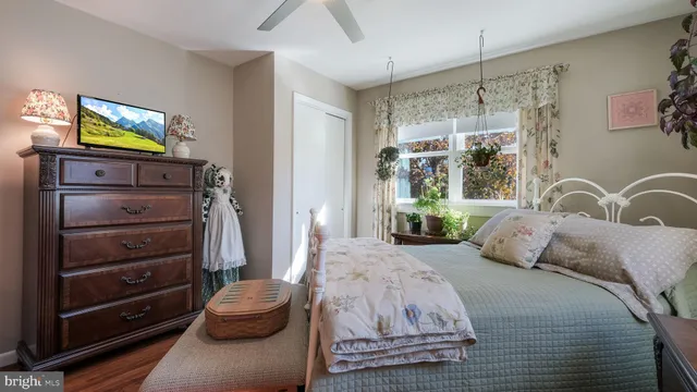 a living room with furniture a window and potted plants