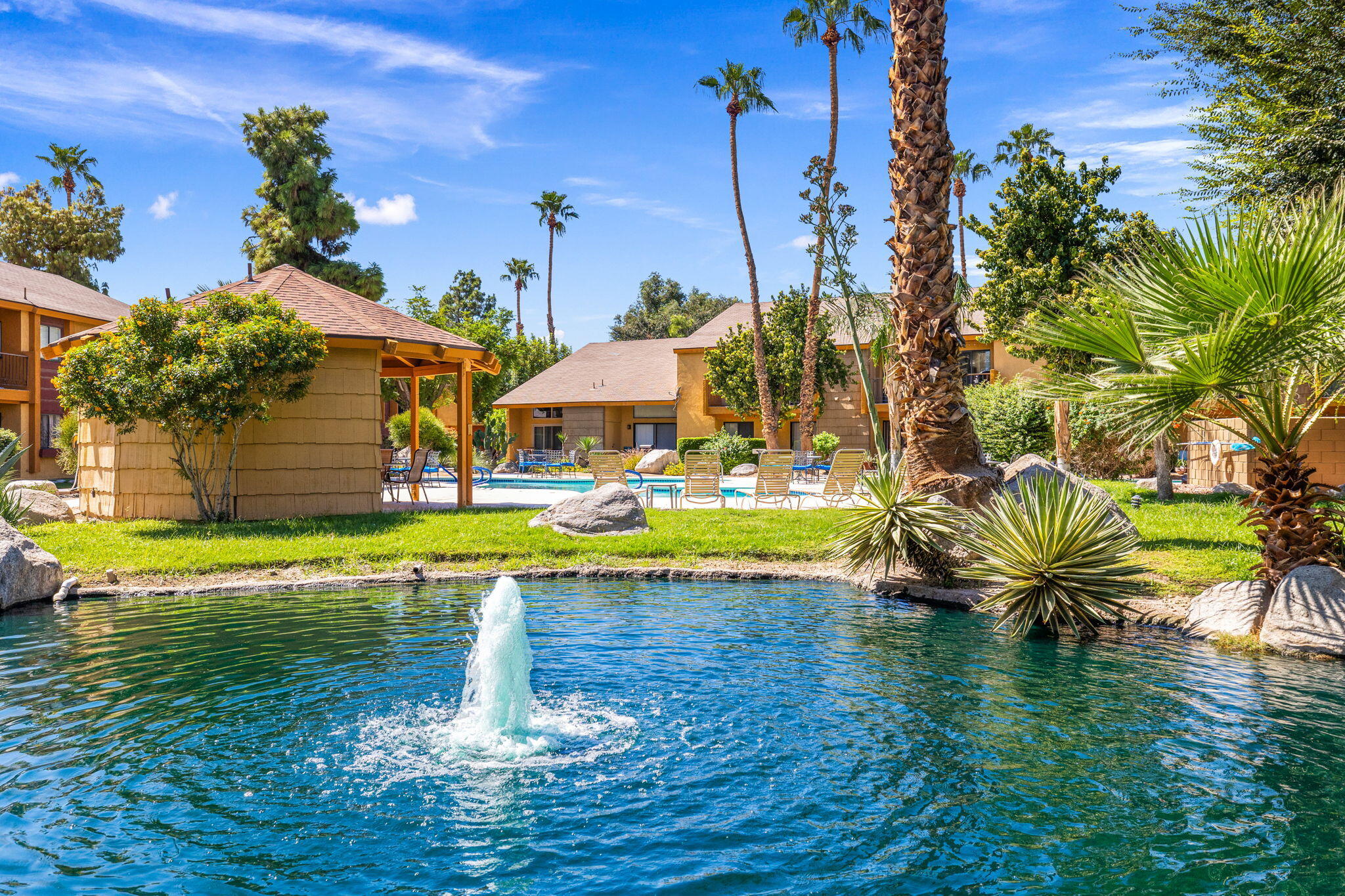 48255 Monroe Street, Unit 59 Indio, CA 92201 - Photo 37 of 58 a swimming pool with outdoor seating and yard