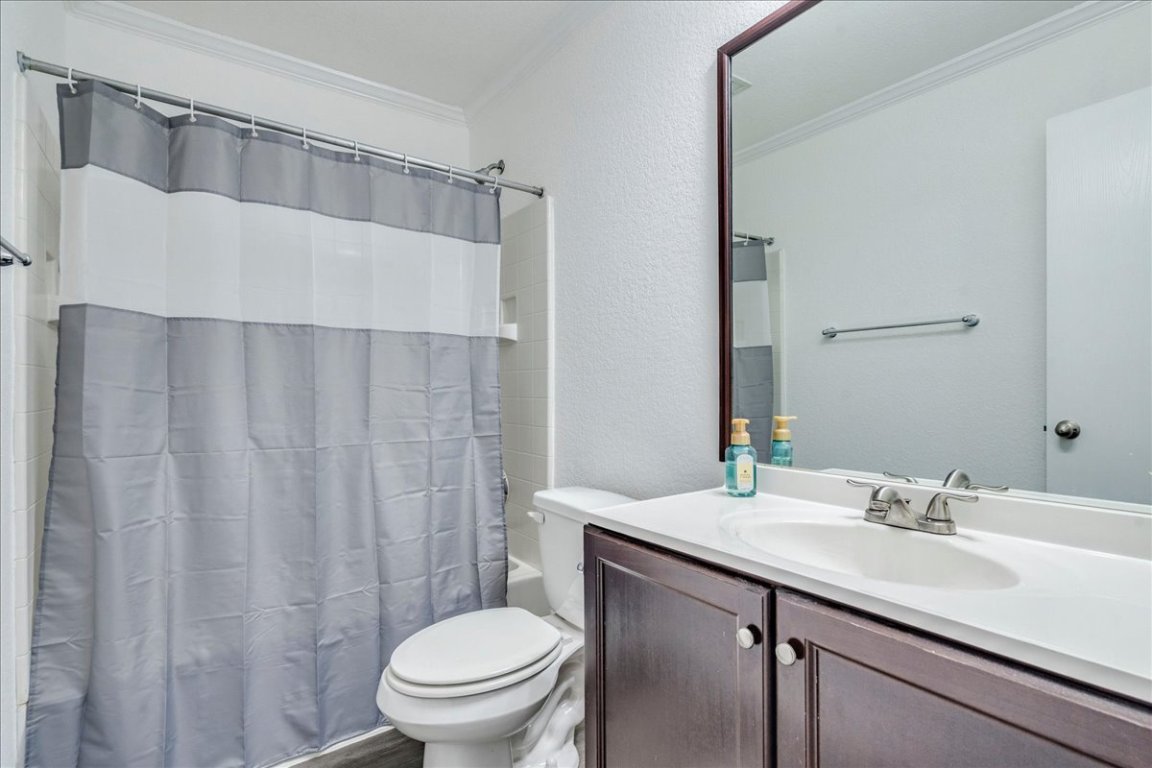 18436 Wind Tree Lane Elgin, TX 78621 - Photo 12 of 34 a bathroom with a sink a toilet and shower curtain